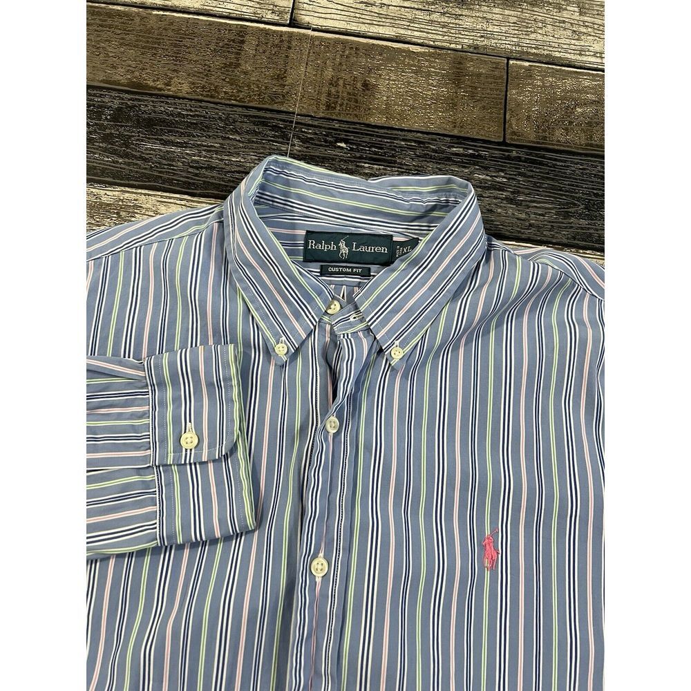 Polo Ralph Lauren Long Sleeve Custom Fit Shirt‎ Striped Mens Size XL Pink Pony